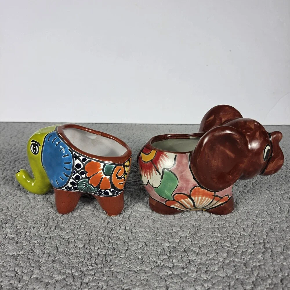 Talavera Elephant Mini Planter Set Hand Painted Mexican Art Colorful